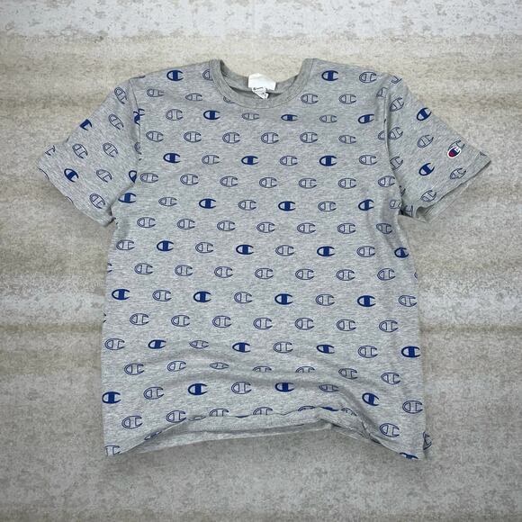 Champion Shirt Grey Reverse Weave Cotton Short Sleeve Navy Blue All Over Print - Picture 1 of 4